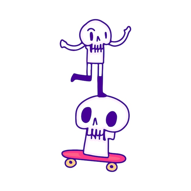 Grappig skeletkarakter dat skateboard doodle kunst speelt, illustratie voor t-shirt, sticker.