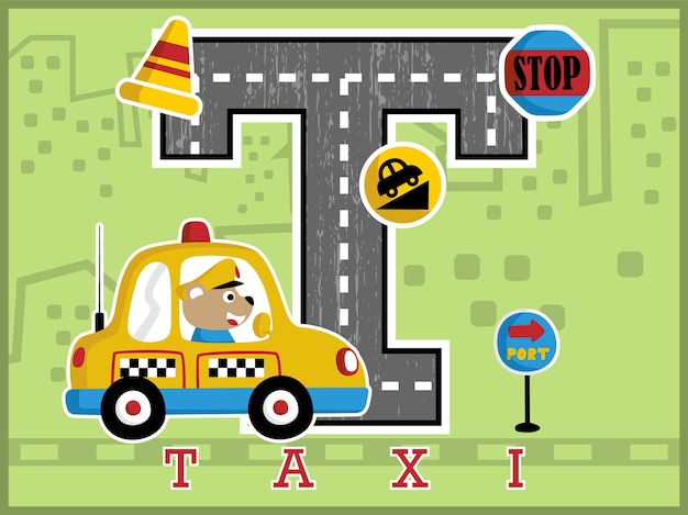 Grappig taxichauffeurscartoon met groot alfabet en verkeersteken