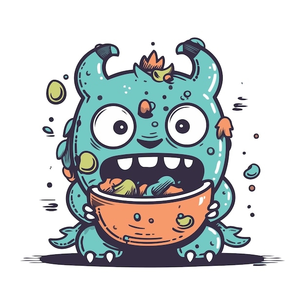 Vector grappig tekenfilmmonster met een kom eten vector illustratie