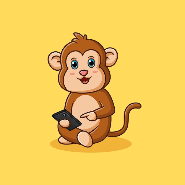 Grappige aap die smartphone speelt geïsoleerde chimpansee stripfiguur vectorillustratie