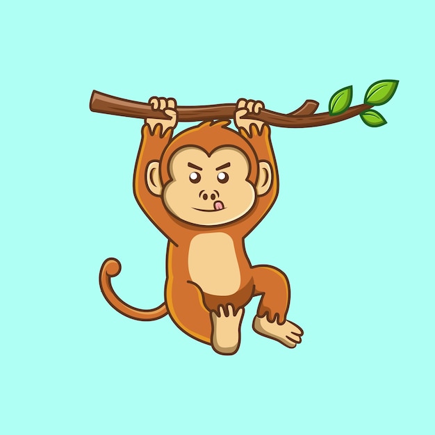 Grappige aap opknoping op tak boom pictogram cartoon vectorillustratie