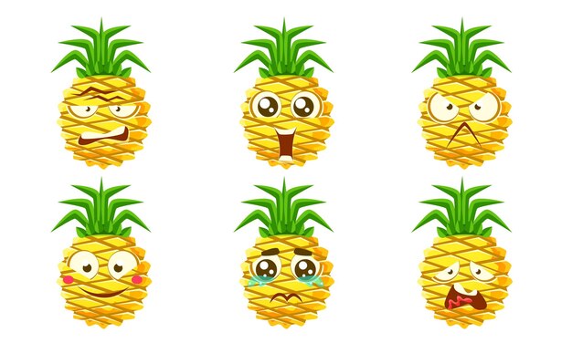 Grappige ananas-emoji's met karakters en schattige tropische vruchten met verschillende emoties Vector-illustratie