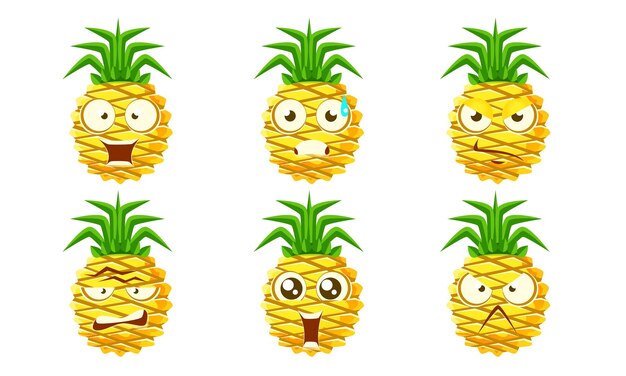 Grappige ananas personageset Leuke tropische fruit emoji's met verschillende emoties Vector illustratie