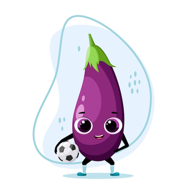 Grappige aubergine met een voetbal de groente is een voetballer cartoon design