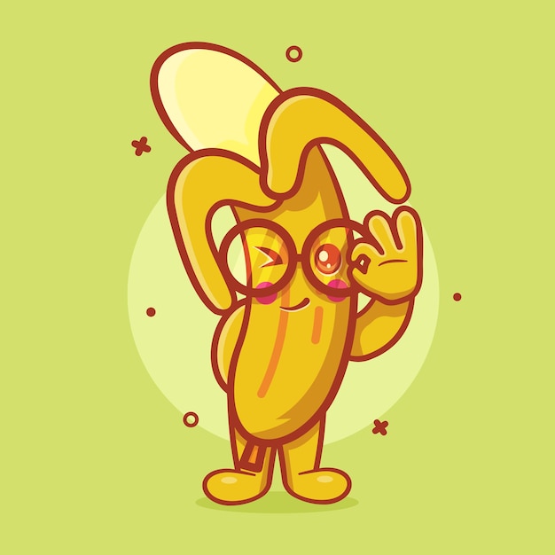 Grappige banaan fruit karakter mascotte met ok teken hand geïsoleerde cartoon in vlakke stijl ontwerp