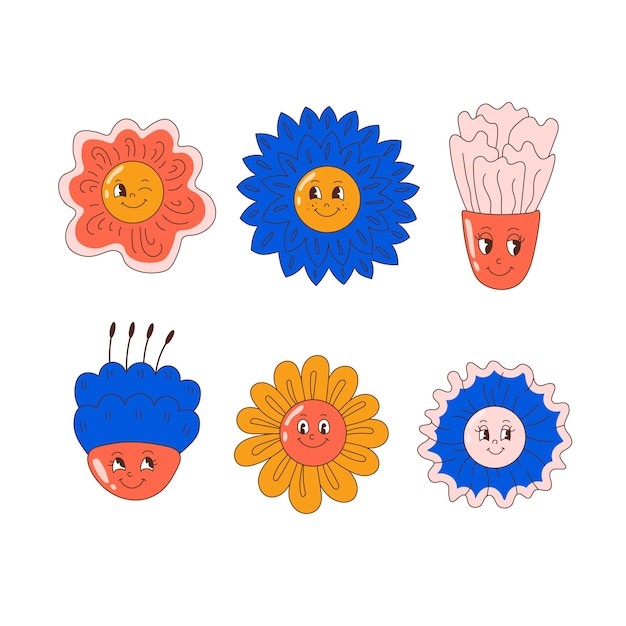 Grappige bloemen retro cartoon set