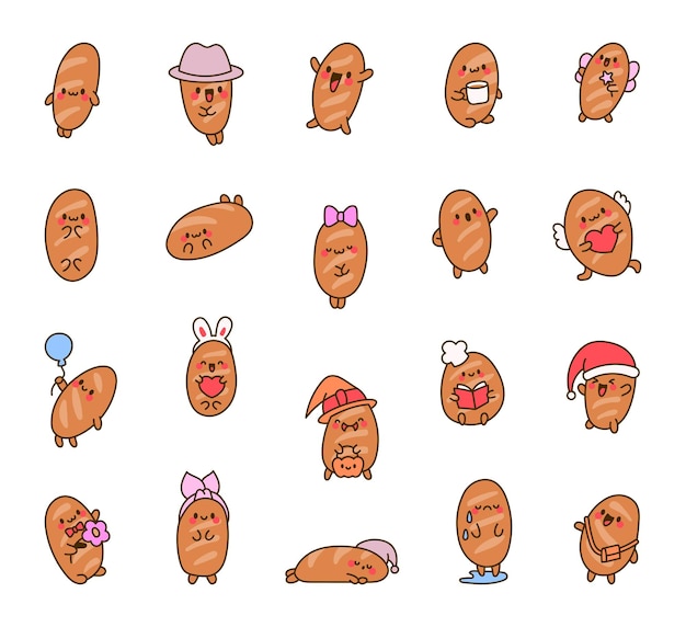Grappige brood personages Leuke smakelijke bakkerij gebak cartoon gelukkige gezichten