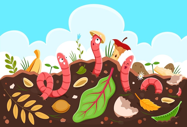 Vector grappige cartoon aardwormen in compost bodem grond vector achtergrond regenworm in boerderij tuin compost bodem met organisch afval of bio afval natuurlijke landbouw en composteerbaar milieu