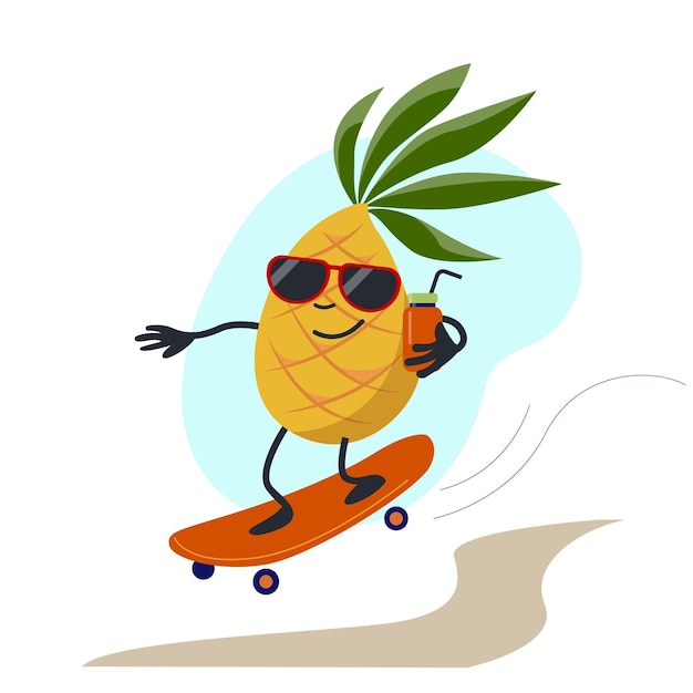 Grappige cartoon ananas met een cocktail rijdt op een skate