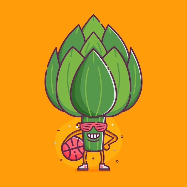 Grappige cartoon artisjok karakter gehumaniseerd groente doen sport sticker of poster lachende basketballer klaar om te spelen gezond veganistisch en vegetarisch voedsel karakter in zonnebrillen en sneakers