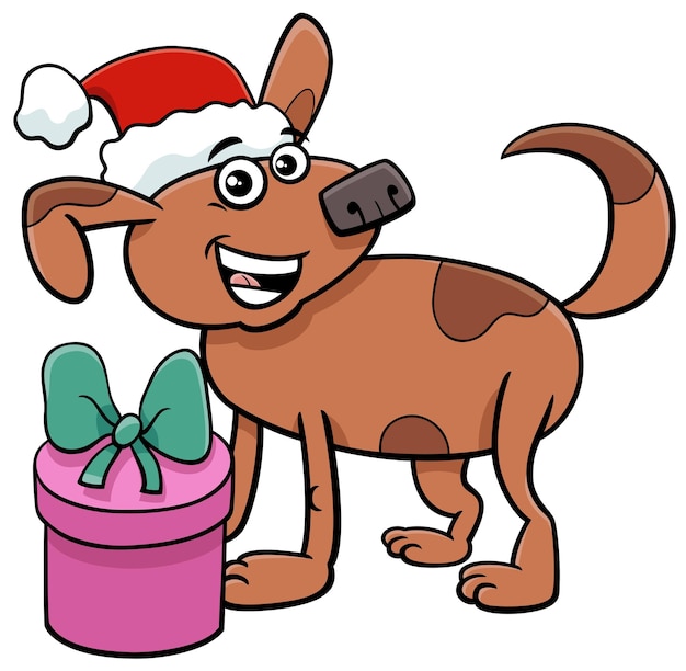 Vector grappige cartoon bruine hond met kerstcadeau