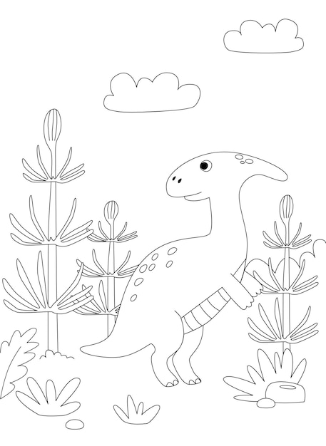 Grappige cartoon dinosaurus parasaurolophus zwart-wit vectorillustratie voor kleurboek