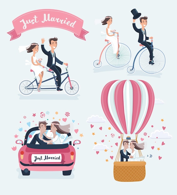 Vector grappige cartoon illustratie van happy newlyweds scenes