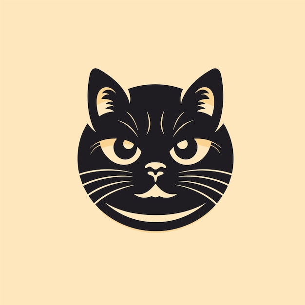 Grappige cartoon kat gezicht portret pictogram zwarte gravure op biege achtergrond vectorillustratie