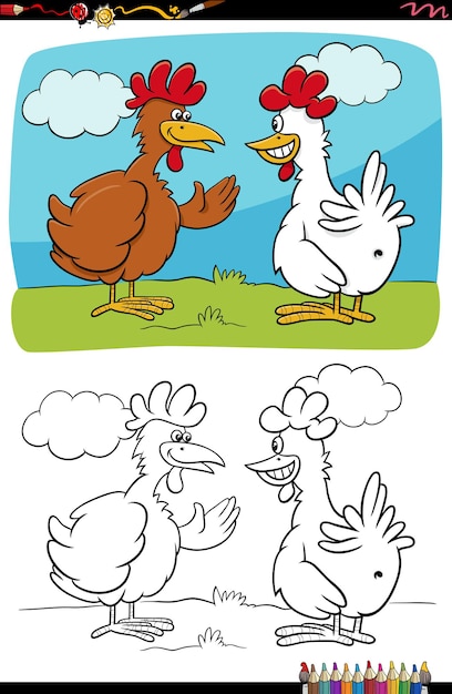 Grappige cartoon kippen praten kleurboekpagina