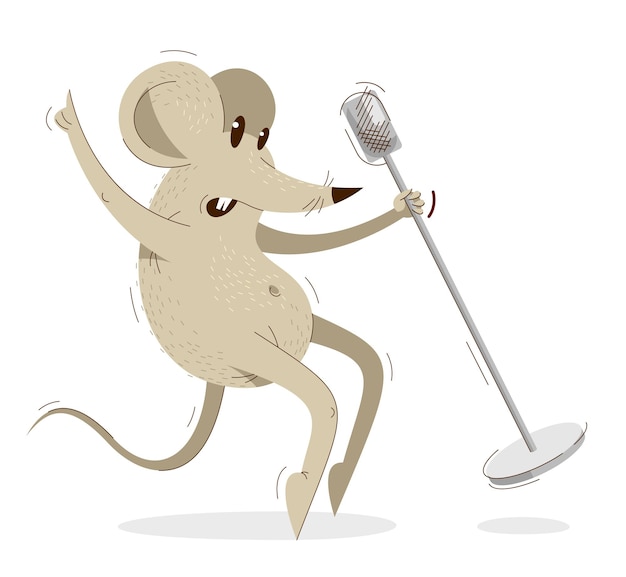 Vector grappige cartoon muis zingen met microfoon als een rock of popster vectorillustratie, muziek karaoke hobby thema, humoristische rat cartoon.