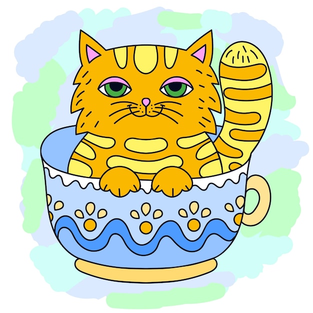 Grappige cartoon rode kat zit in een kopje doodle stylefor het ontwerp van prints posters stickers badges kopjes t-shirts vector