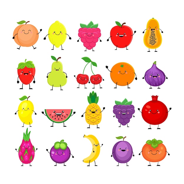 Grappige cartoon set van verschillende vruchten. glimlachende perzik, citroen, mango, watermeloen, kers, appel, ananas, framboos, aardbei, sinaasappel, drakenfruit banaan pruim, kaki, papaja, vijgen.