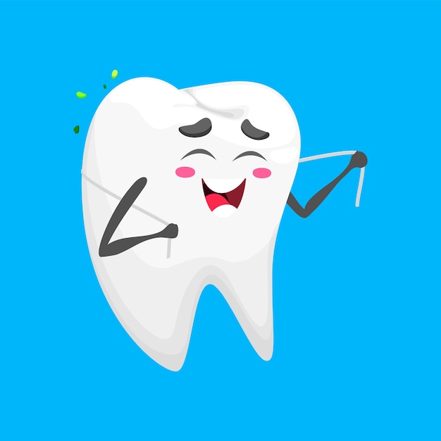 Grappige cartoon tanden personage met tandzijde mondhygiëne molare tanden reiniging of tanden glazuur gezondheid vector schattig personage tandverzorging en tandheelkunde kinderlijk personage of komische mascotte