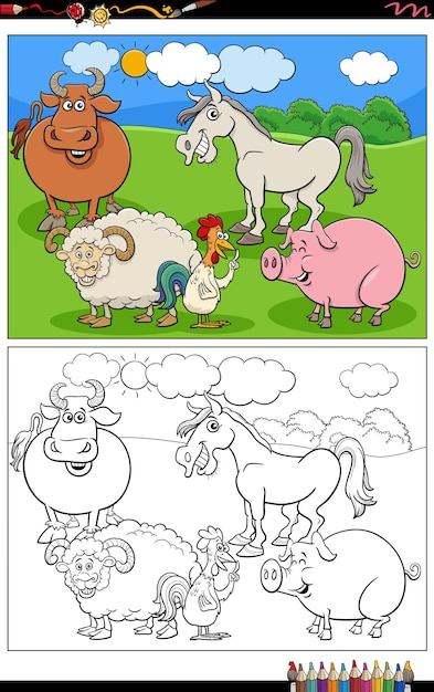 Grappige cartoon vee boerderij dieren groep kleurboek pagina