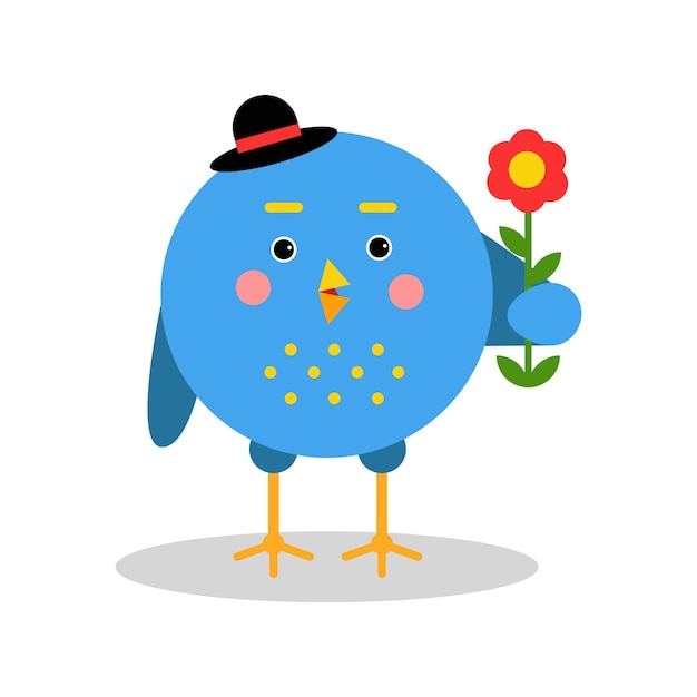 Grappige cartoon vogel karakter permanent met bloem, blauwe vogel in geometrische vorm vector illustratie geïsoleerd op een witte background