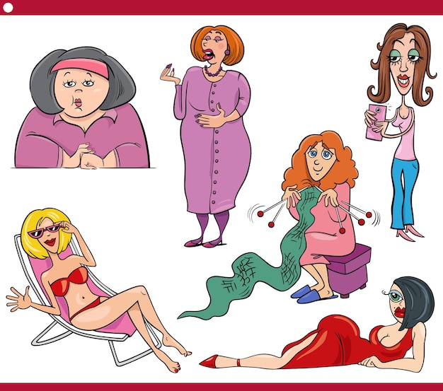 Grappige cartoon vrouwen tekens karikatuur set