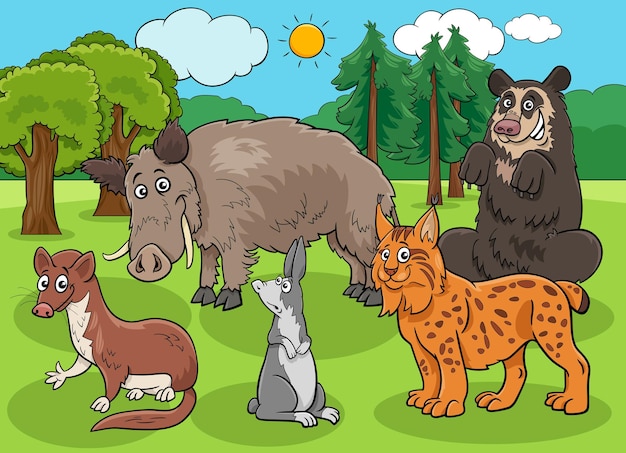 Grappige cartoon wilde dieren karakters groep