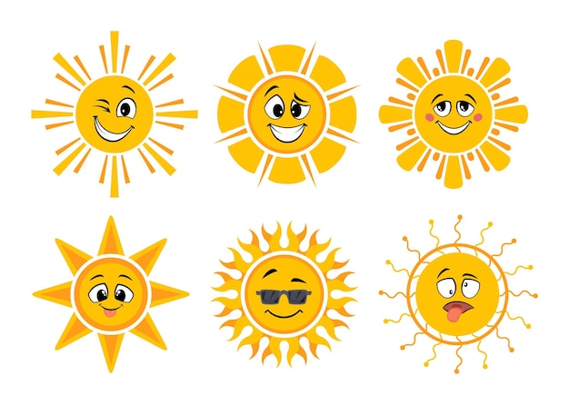 Grappige cartoon zonnen Gele gezichten zon pictogrammen met emoties Zomer hete schattige vector symbolen