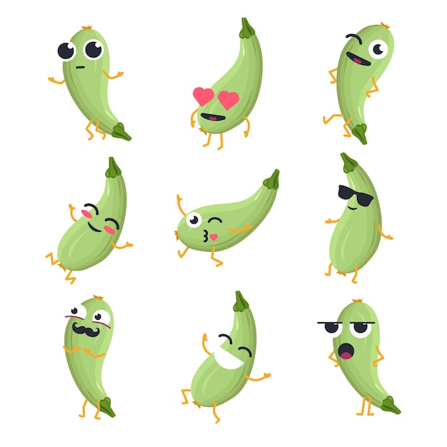 Grappige courgette - vector geïsoleerde cartoon emoticons. leuke emoji set met een leuk karakter. een verzameling van een boze, verraste, gelukkige, verliefde, gekke, lachende, droevige groente op witte achtergrond