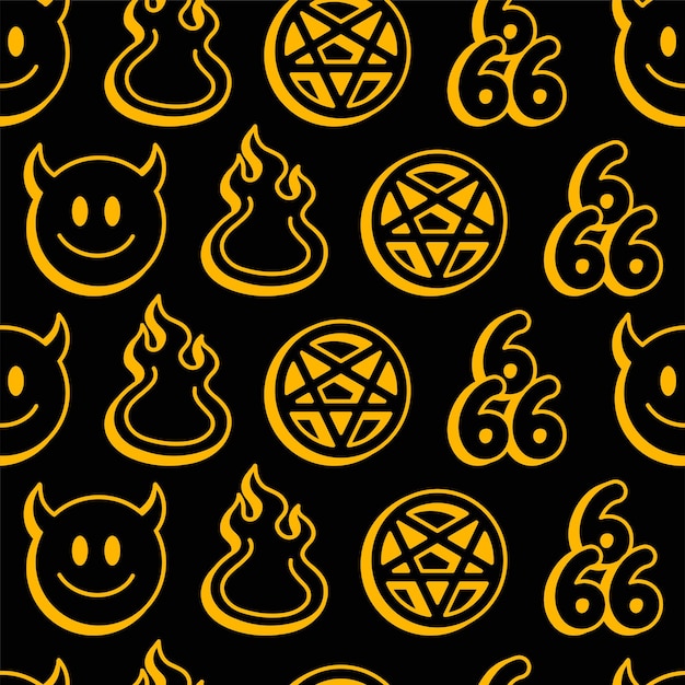 Grappige demon glimlach gezicht, hel vuur, 666 nummers, pentagram naadloze patroon. vector cartoon kawaii karakter illustratie pictogram ontwerp. demon hoorns glimlach gezicht, satanische, duivel, vuur, hel naadloze patroon concept