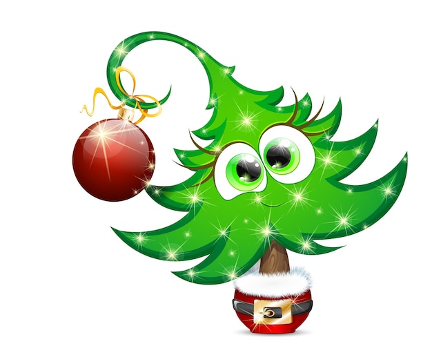 Grappige dennenboom meisje winter karakter met hangende kerst ornament en verlichting in een kerstman pot
