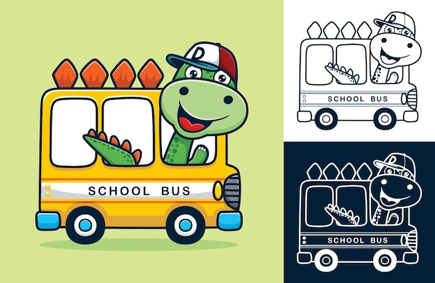 Grappige dinosaurus cartoon met hoed op schoolbus