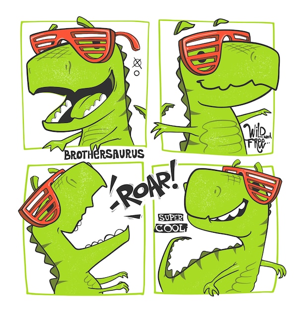 Grappige dinosaurussen komische stijl vectorillustratie T-shirt ontwerp voor kinderen