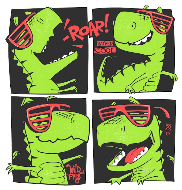 Grappige dinosaurussen komische stijl vectorillustratie. T-shirtontwerp voor kinderen.