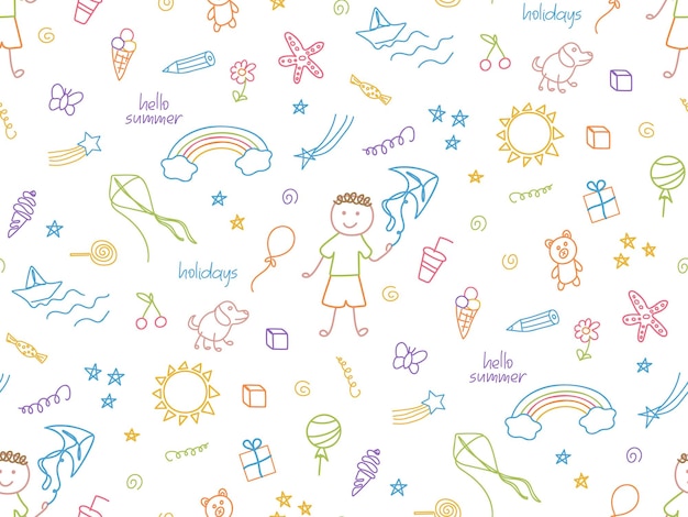 Grappige doodle jongen kinderachtig naadloos patroon zomervakantie leuk gelukkige jeugd illustratie hand