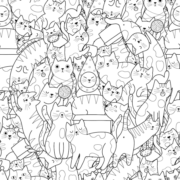 Grappige doodle katten zwart-wit naadloos patroon Leuke achtergrond met grappige katachtige dieren