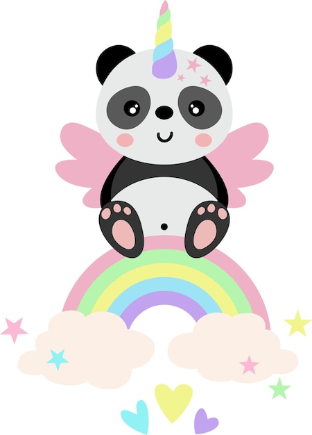 Grappige eenhoornpanda op magische regenboog