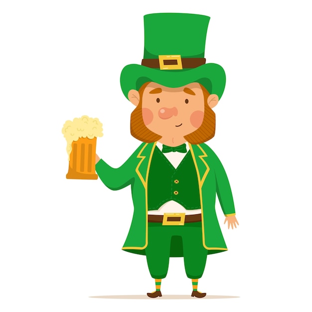 Grappige en schattige kabouter met een pint bier Vectorillustratie voor St. Patrick's day Man in een groen pak en hoed