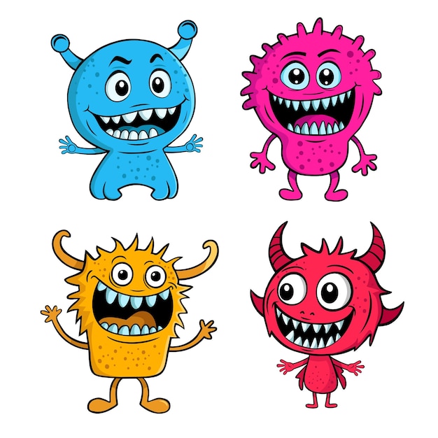 Vector grappige en schattige kleurrijke monsters voor halloween met grote open monden