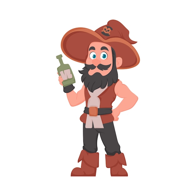 Grappige en schattige mannelijke piraat met een fles rum Cartoon-stijl