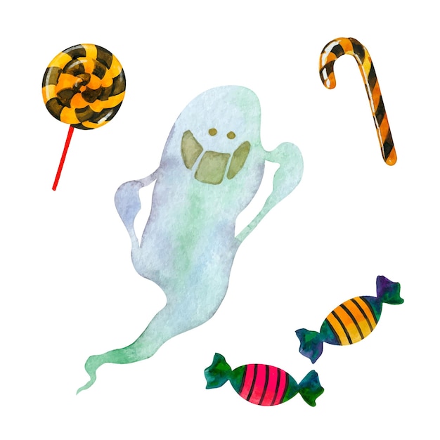 Grappige geest en halloween-snoepjes set Aquarel hand getrokken vector clipart geïsoleerd op wit