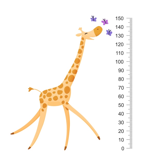 Grappige giraf. Vrolijke grappige giraf met lange nek. Giraf meter muur of meetlat of muursticker. Illustratie met schaal van 2 tot 150 centimeter om de groei te meten.