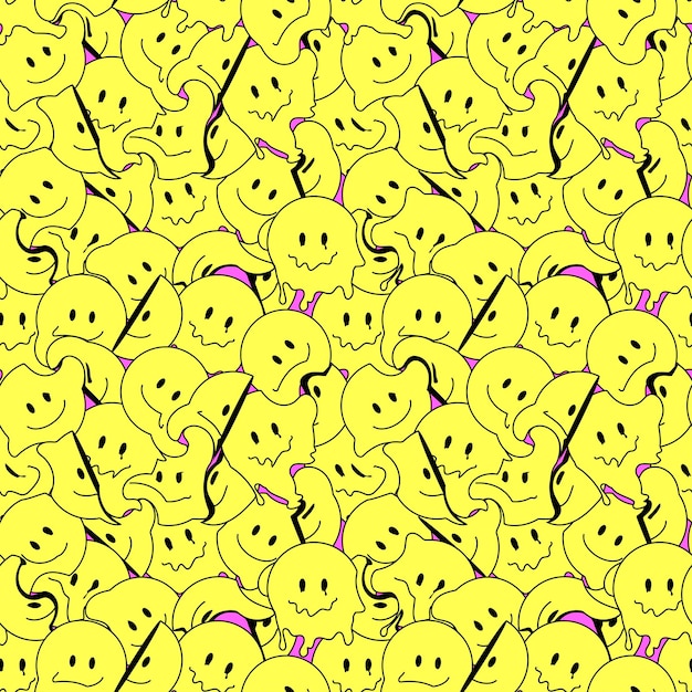 Vector grappige glimlach gek gesmolten gezicht naadloze patroon kunst vector illustratie psychedelische retro grafisch positieve goede vibes smileygezichten zuur hoog smelten reis behang naadloos patroon y2k esthetiek