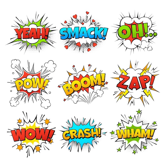 Grappige grappige woorden in spraak bubbels frames Wow oh bang en zap denkende wolken ballonnen van expressie retro cartoon kleurrijke communicatie geluidseffect halftone dot achtergrond vector set