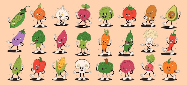 Grappige groenten retro cartoon personages sticker set Moderne label met schattige stripfiguren Hand getekende doodles van comic mascotte Set in moderne cartoon stijl 70s retro vibes