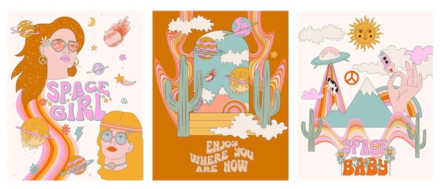 Grappige Groovy Space posters uitnodigingskaarten set met retro hippie-element uit de jaren 70 en pop-art illustra