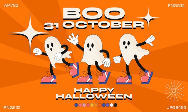 Grappige halloween cartoon karakter mode poster Vector illustratie van boo ghost in jaren 90 stijl