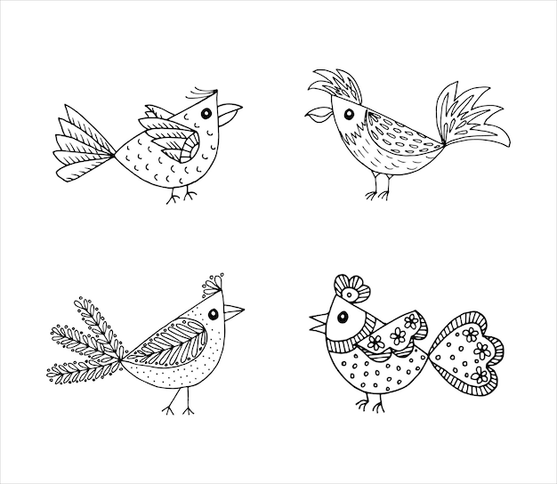 Grappige handgetekende gestileerde vogels in de doodle-stijl.