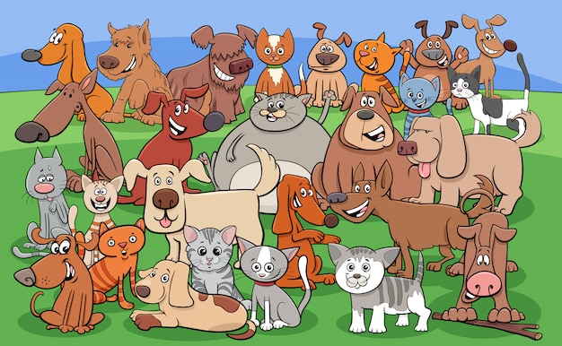 Grappige honden en katten stripfiguren groep