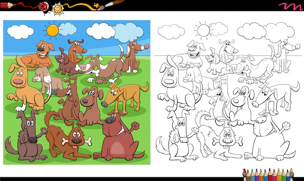 Grappige honden tekens groeperen fotoboekpagina kleurplaten